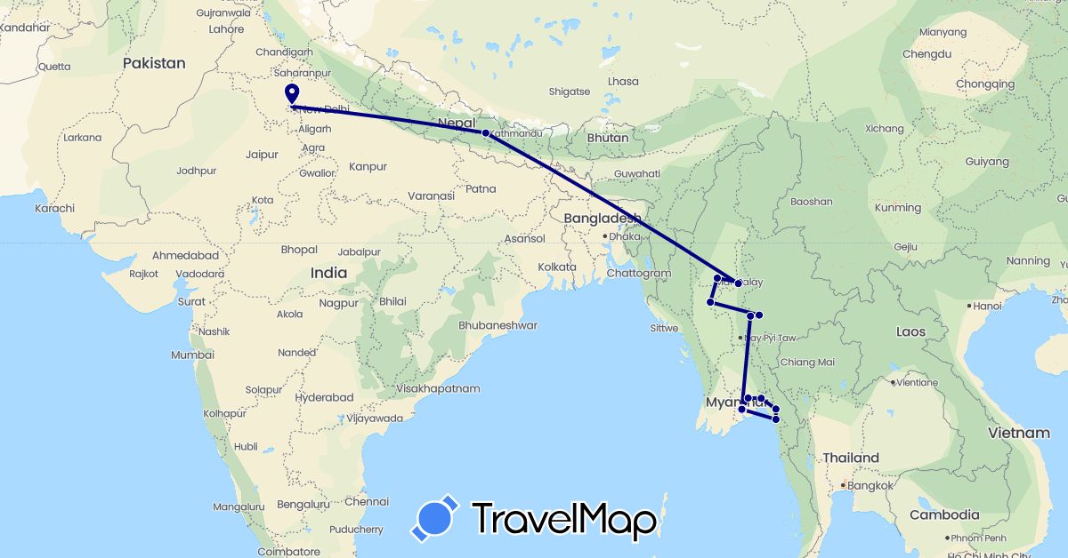 TravelMap itinerary: driving in India, Myanmar (Burma), Nepal (Asia)